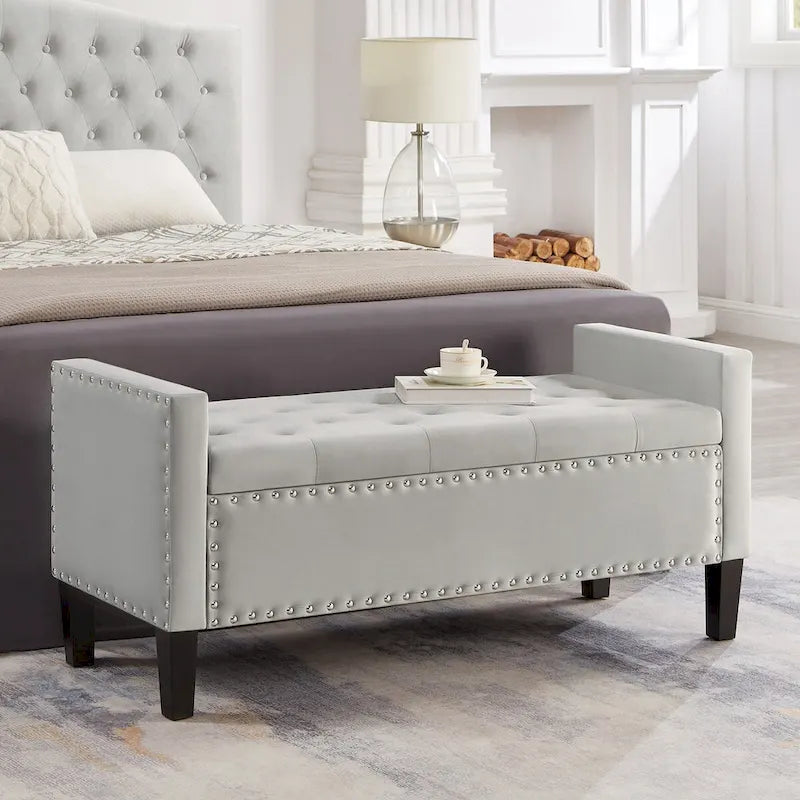 Upholstered Tufted Button Storage Bench with Nails Trim