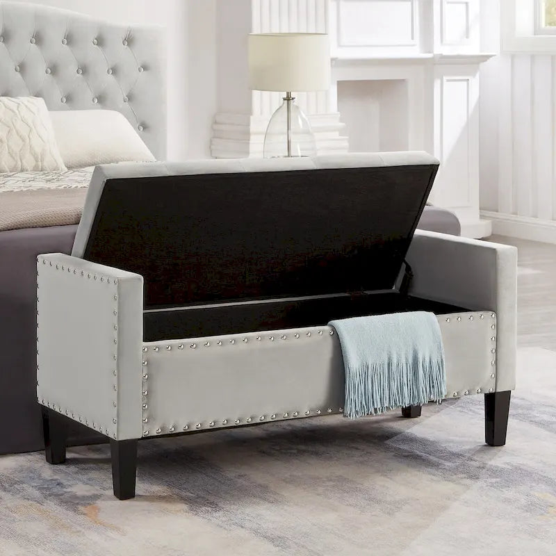 Upholstered Tufted Button Storage Bench with Nails Trim