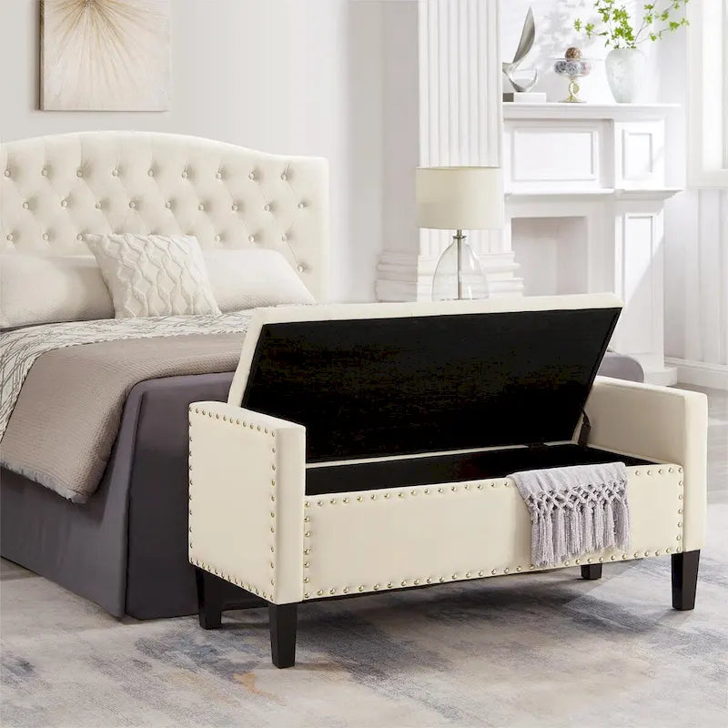Upholstered Tufted Button Storage Bench with Nails Trim