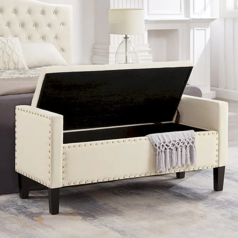 Upholstered Tufted Button Storage Bench with Nails Trim