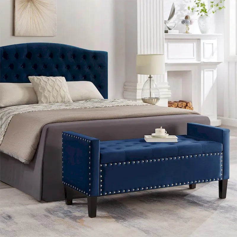 Upholstered Tufted Button Storage Bench with Nails Trim