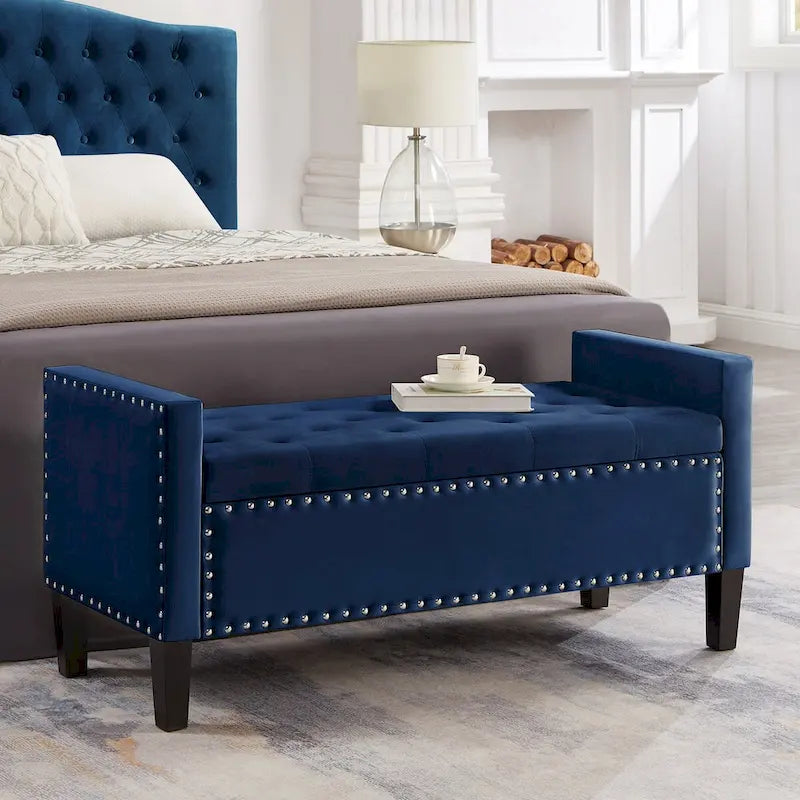 Upholstered Tufted Button Storage Bench with Nails Trim