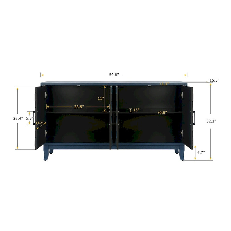 4 Door Wooden Twill Sideboard American Country Vintage Old Living Room