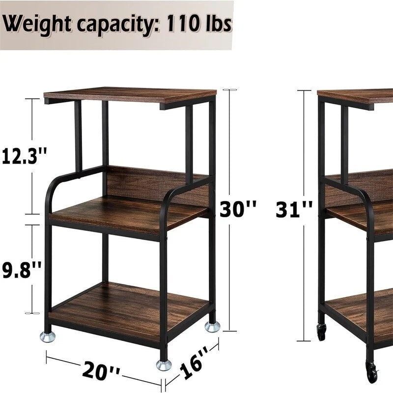 Mobiele printerstandaard met 3 niveaus, wielen en opbergplanken - 16D x 20W x 30H