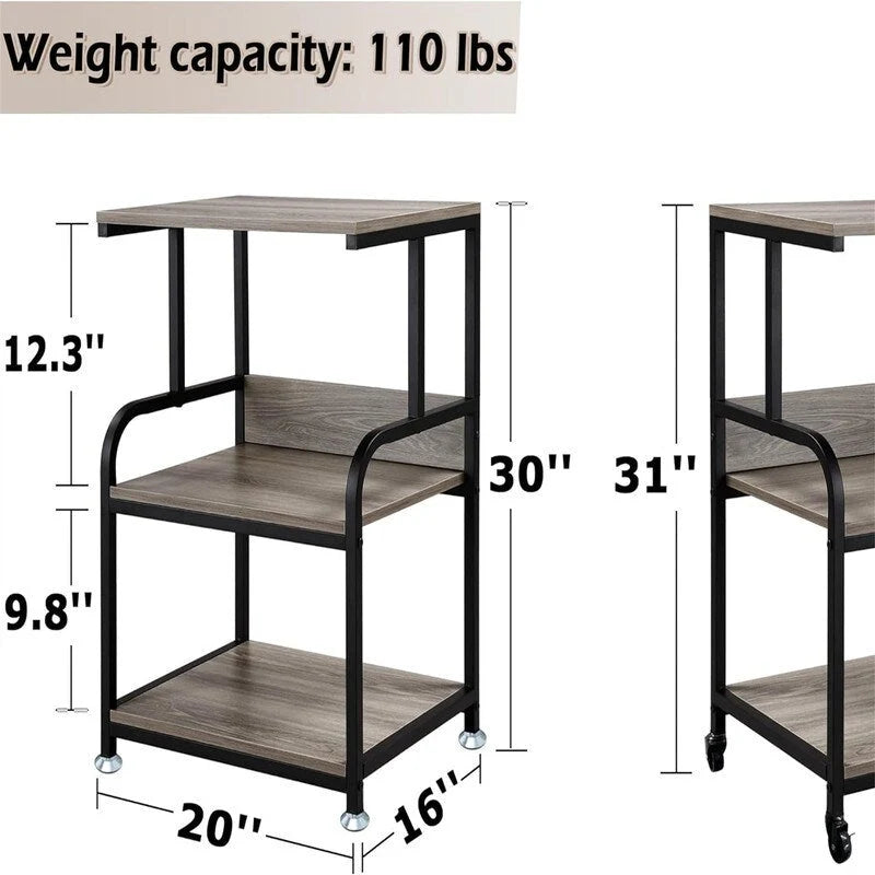 Mobiele printerstandaard met 3 niveaus, wielen en opbergplanken - 16D x 20W x 30H
