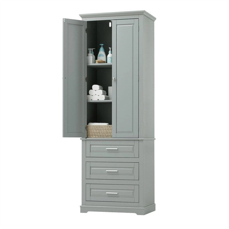 Freestanding Storage Cabinet with Two Doors, 3 Drawers, and Adjustable Shelves