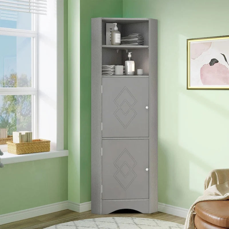 Moderner hoher Eck-Badschrank aus Holz mit Metallgriffen