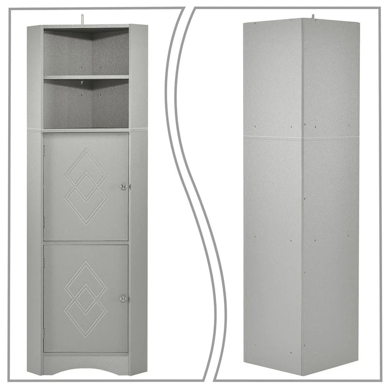 Moderner hoher Eck-Badschrank aus Holz mit Metallgriffen