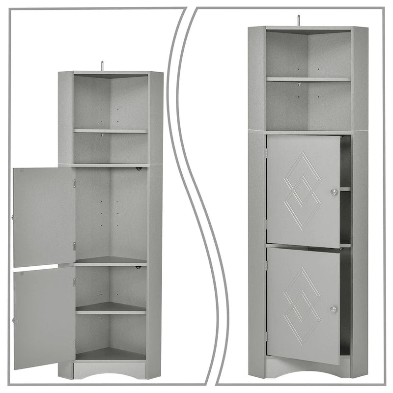 Moderner hoher Eck-Badschrank aus Holz mit Metallgriffen