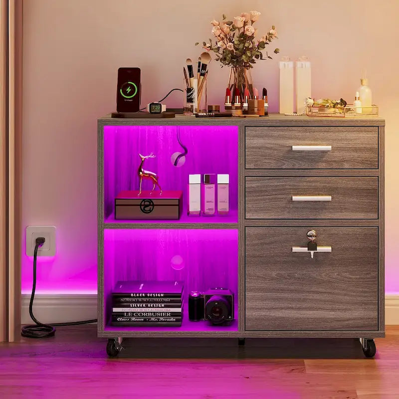 Mobiele archiefkast met 3 laden, ledverlichting en laadstation, geschikt voor A4/Letter-formaat