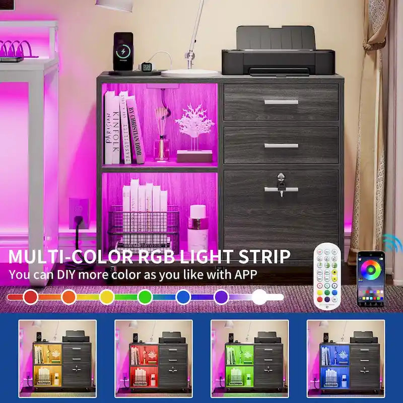 Mobiele archiefkast met 3 laden, ledverlichting en laadstation, geschikt voor A4/Letter-formaat