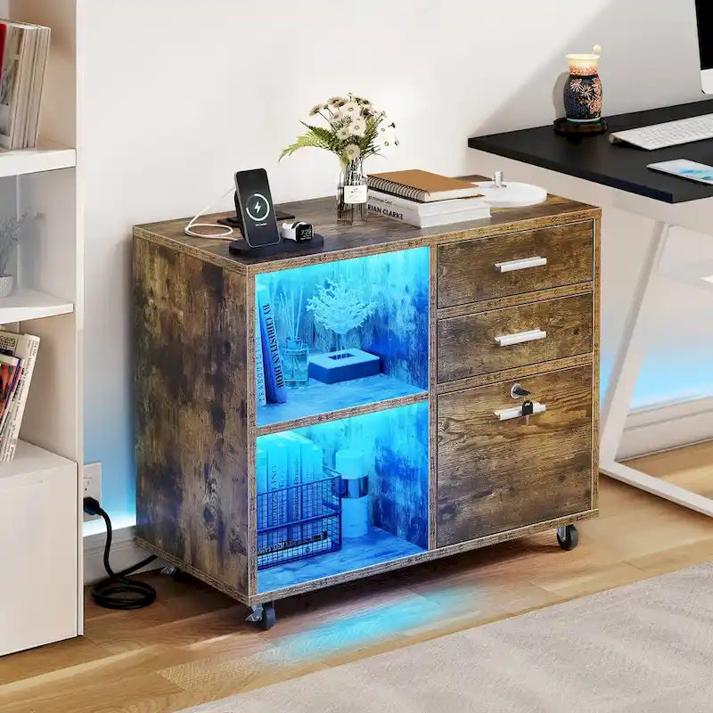 Mobiele archiefkast met 3 laden, ledverlichting en laadstation, geschikt voor A4/Letter-formaat