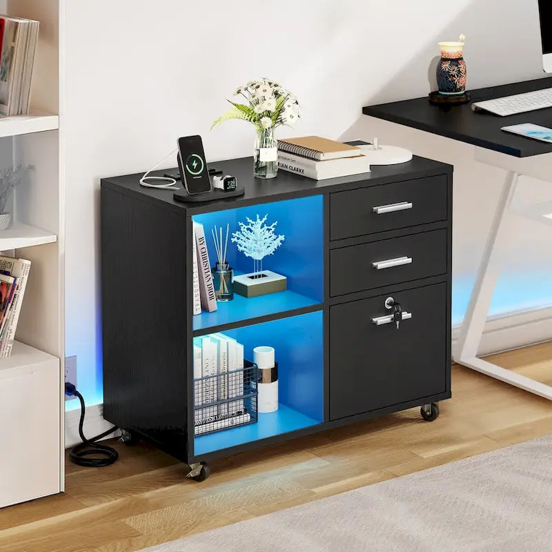 Mobiele archiefkast met 3 laden, ledverlichting en laadstation, geschikt voor A4/Letter-formaat