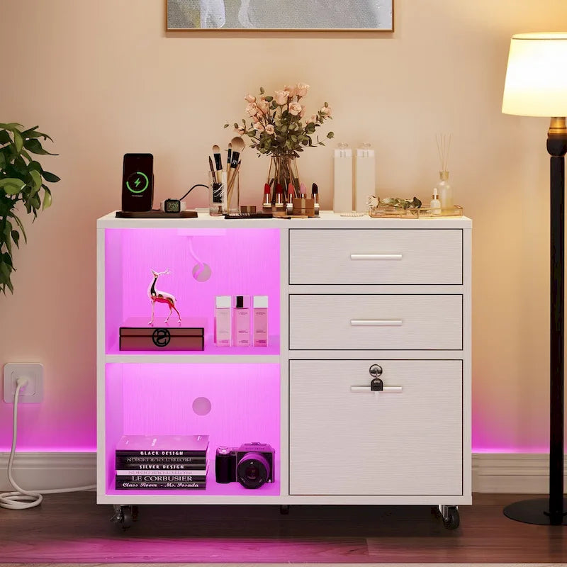 Mobiele archiefkast met 3 laden, ledverlichting en laadstation, geschikt voor A4/Letter-formaat