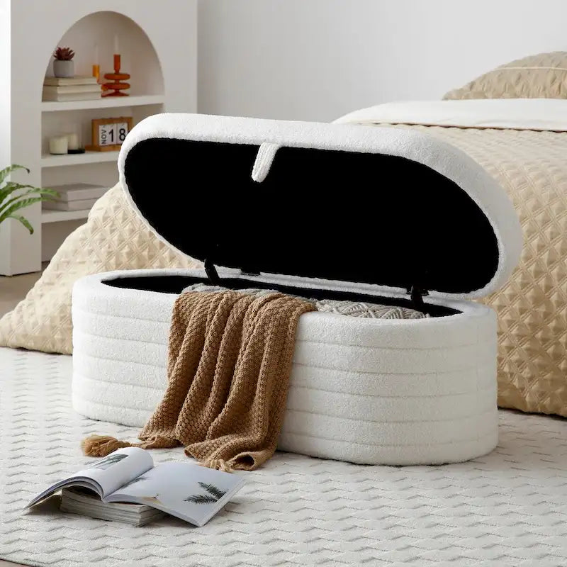 Modern End of Bed Bench with Storage Upholstered Sherpa Fabric Large Storage Bench Ottoman Shoe Stool Long Bench for Bedroom