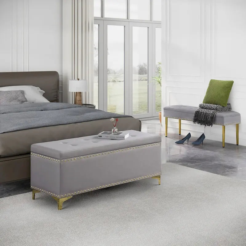Large Storage Benches Set, Nailhead Trim 2 in 1 Combination Benches, Tufted Velvet Benches with Gold Leg, Support 250lbs