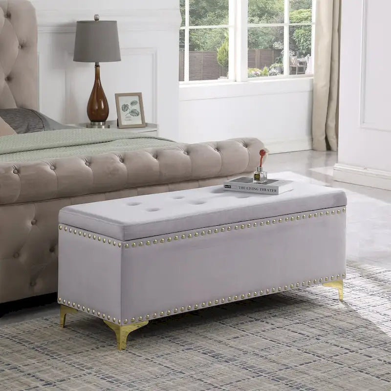 Large Storage Benches Set, Nailhead Trim 2 in 1 Combination Benches, Tufted Velvet Benches with Gold Leg, Support 250lbs