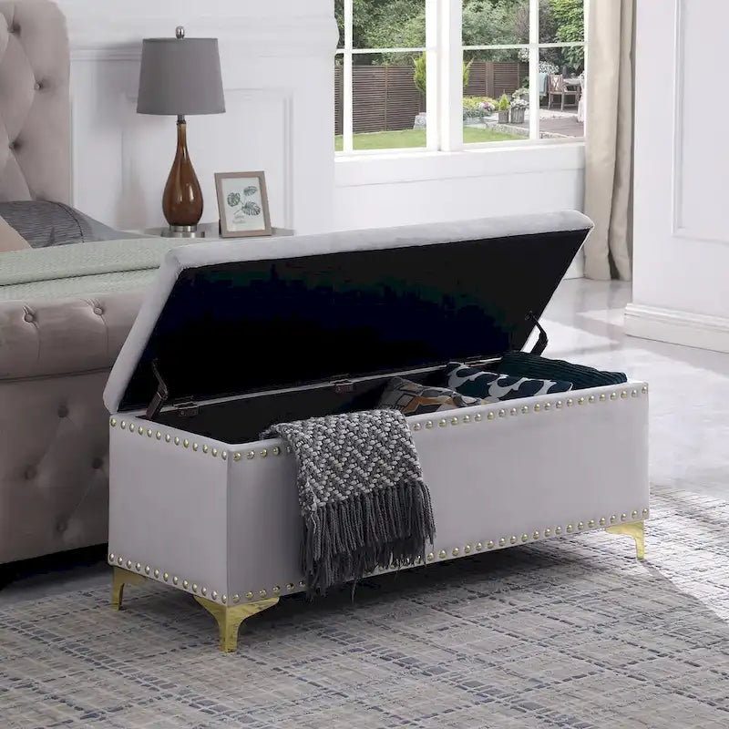 Large Storage Benches Set, Nailhead Trim 2 in 1 Combination Benches, Tufted Velvet Benches with Gold Leg, Support 250lbs