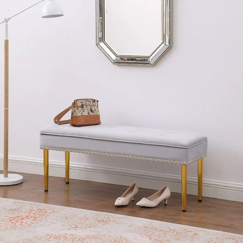 Large Storage Benches Set, Nailhead Trim 2 in 1 Combination Benches, Tufted Velvet Benches with Gold Leg, Support 250lbs