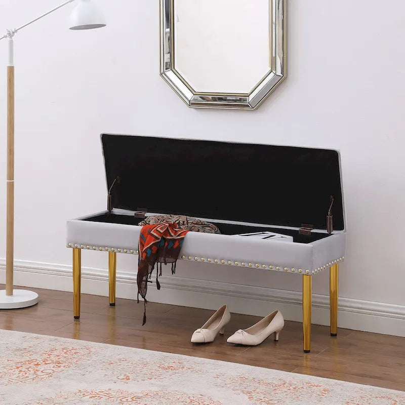 Large Storage Benches Set, Nailhead Trim 2 in 1 Combination Benches, Tufted Velvet Benches with Gold Leg, Support 250lbs