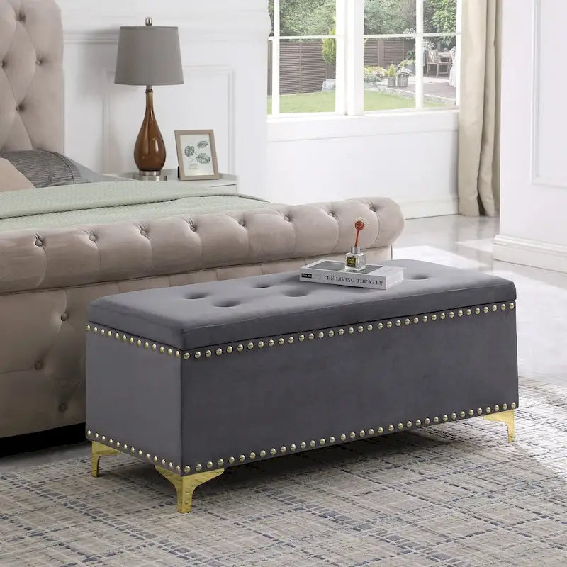 Large Storage Benches Set, Nailhead Trim 2 in 1 Combination Benches, Tufted Velvet Benches with Gold Leg, Support 250lbs