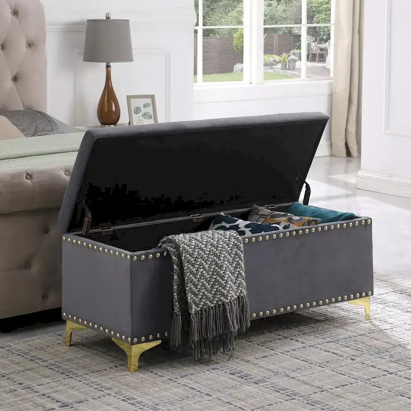 Large Storage Benches Set, Nailhead Trim 2 in 1 Combination Benches, Tufted Velvet Benches with Gold Leg, Support 250lbs