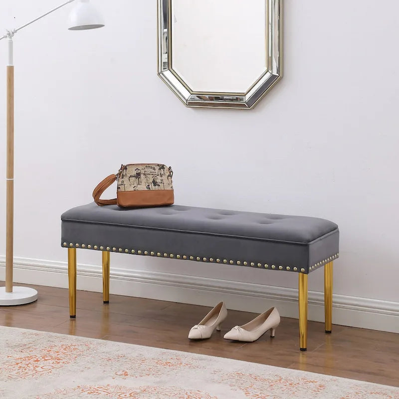 Large Storage Benches Set, Nailhead Trim 2 in 1 Combination Benches, Tufted Velvet Benches with Gold Leg, Support 250lbs