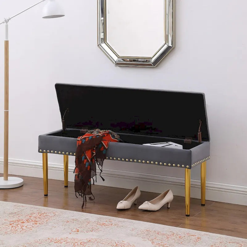 Large Storage Benches Set, Nailhead Trim 2 in 1 Combination Benches, Tufted Velvet Benches with Gold Leg, Support 250lbs