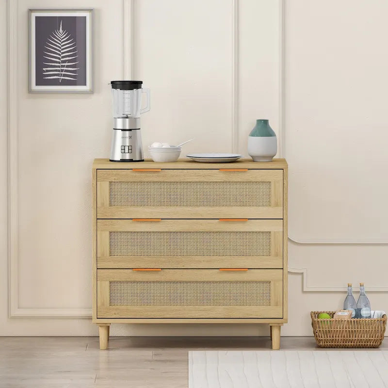 31.50 Oak Rattan 3-Drawer Storage Cabinet for Bedroom, Living Room, and Hallways