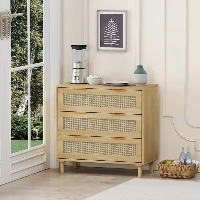 31.50 Oak Rattan 3-Drawer Storage Cabinet for Bedroom, Living Room, and Hallways
