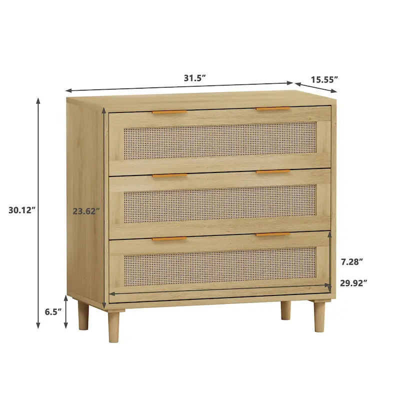 31.50 Oak Rattan 3-Drawer Storage Cabinet for Bedroom, Living Room, and Hallways