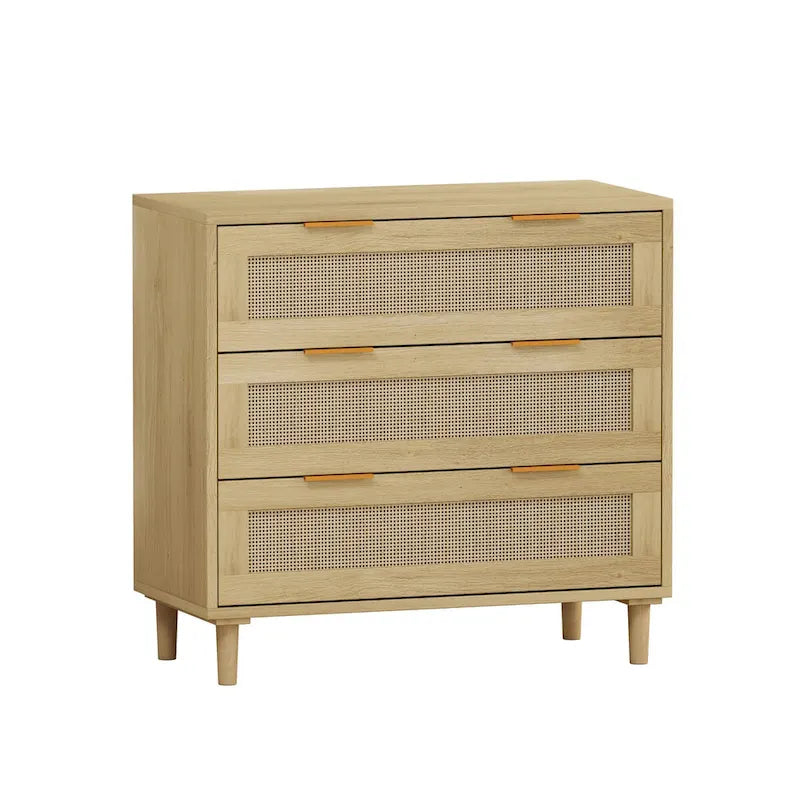 31.50 Oak Rattan 3-Drawer Storage Cabinet for Bedroom, Living Room, and Hallways