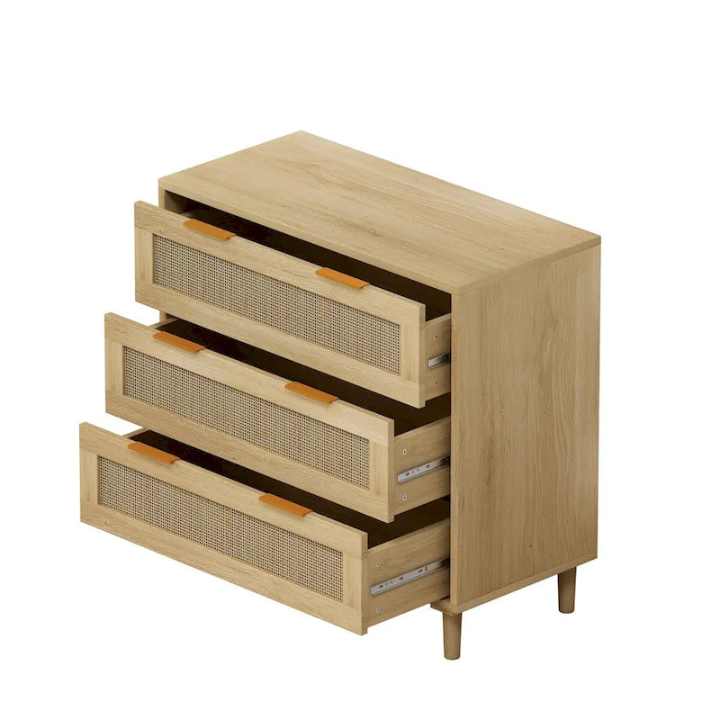 31.50 Oak Rattan 3-Drawer Storage Cabinet for Bedroom, Living Room, and Hallways