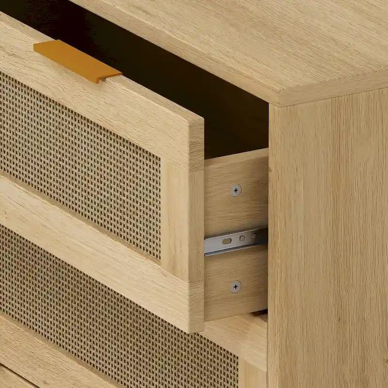 31.50 Oak Rattan 3-Drawer Storage Cabinet for Bedroom, Living Room, and Hallways
